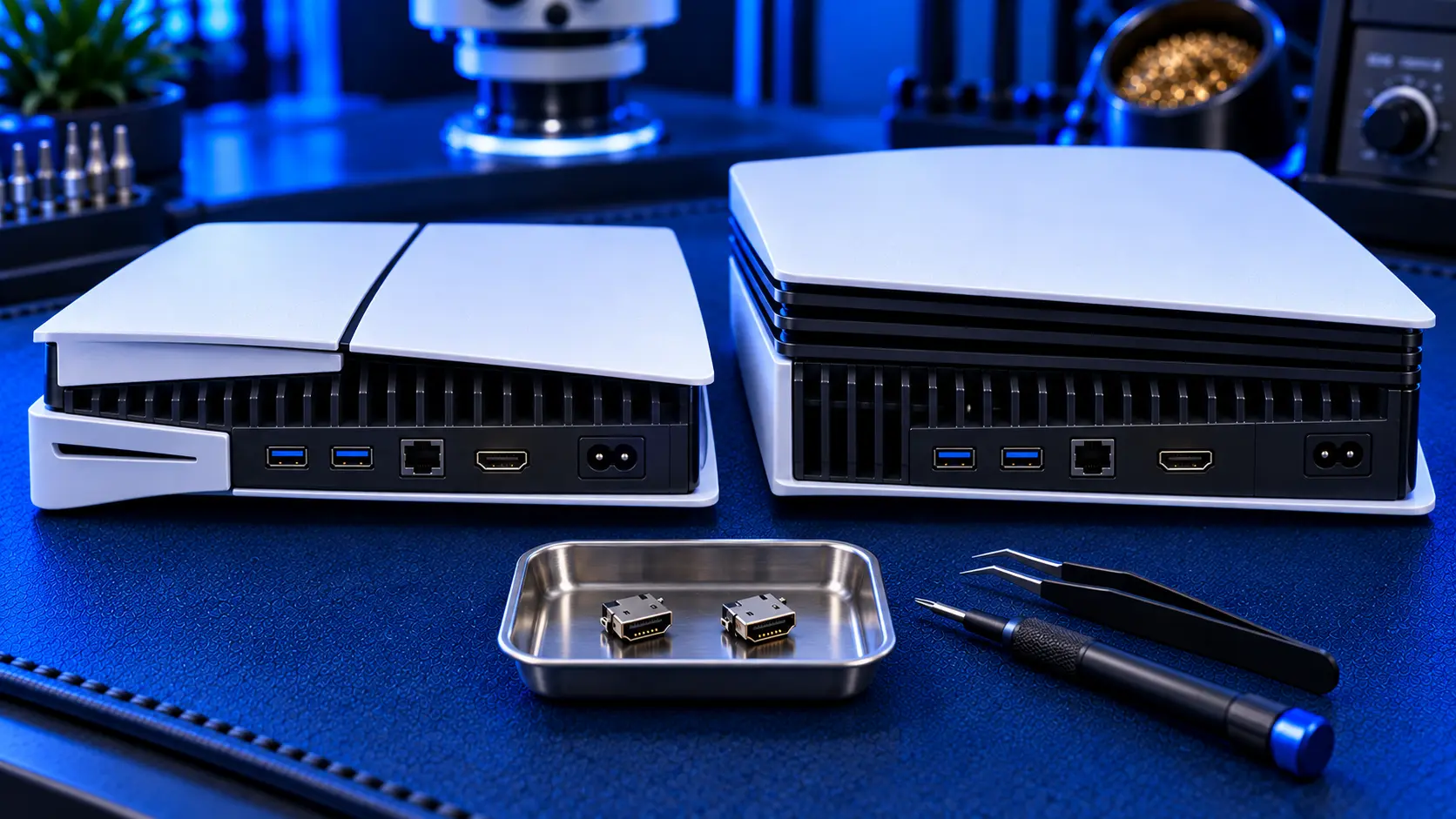 PS5 Slim and PS5 Pro consoles side by side showing their rear ports