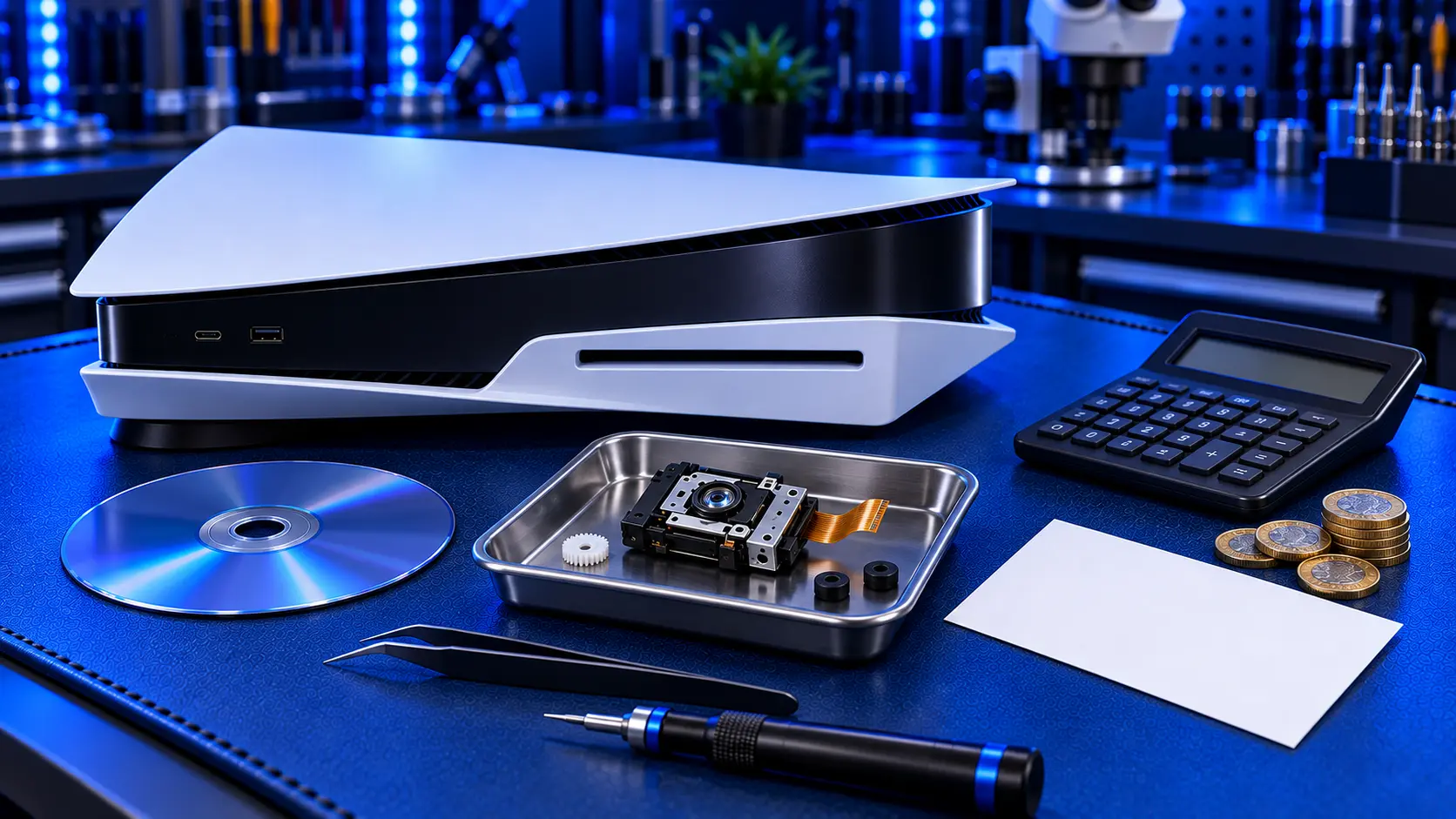 Original PS5 on a repair bench with the disc drive opened