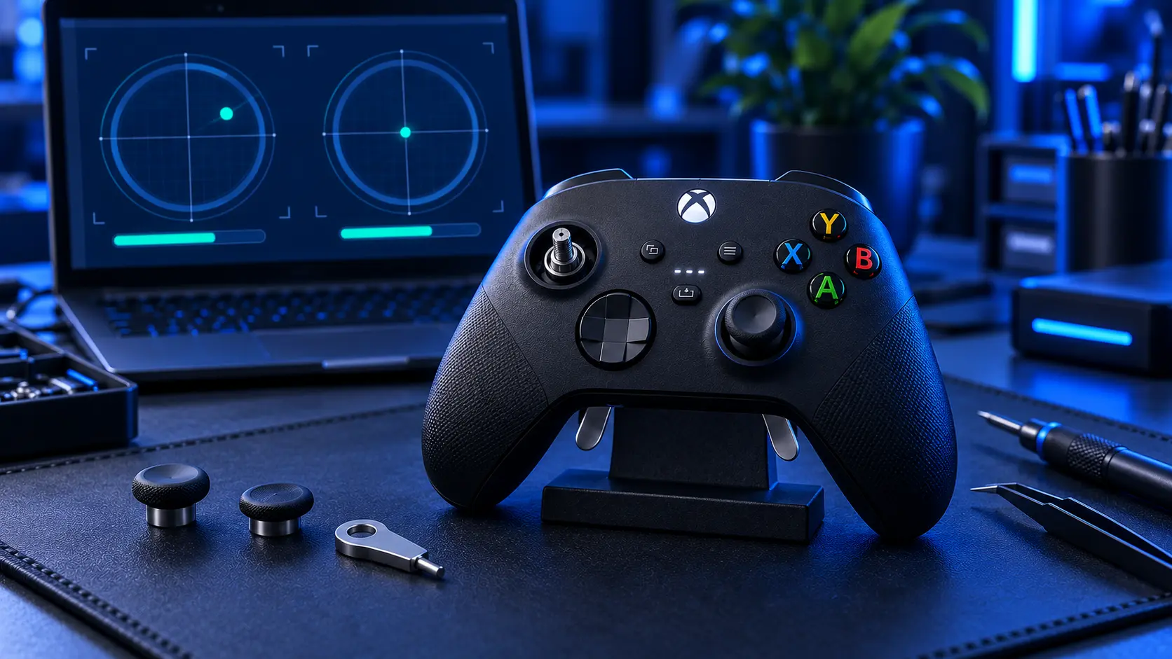 Xbox Elite Series 2 controller face down, showing the rear paddles and the serial number panel