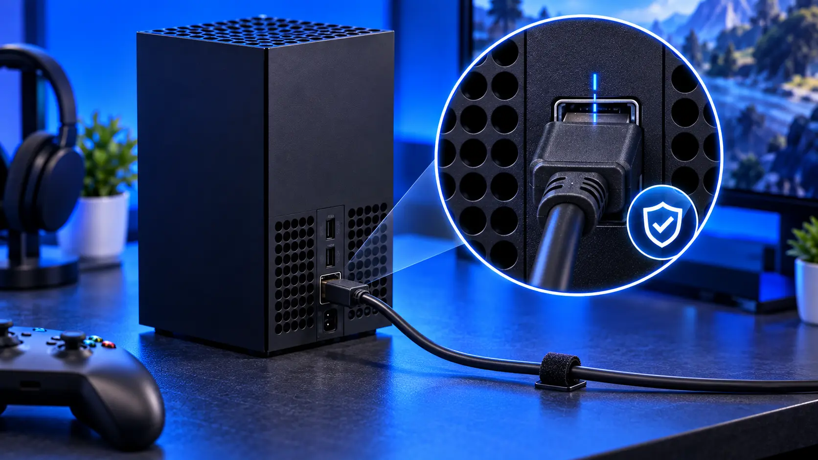 Back of an Xbox Series X with an HDMI cable plugged in with slack
