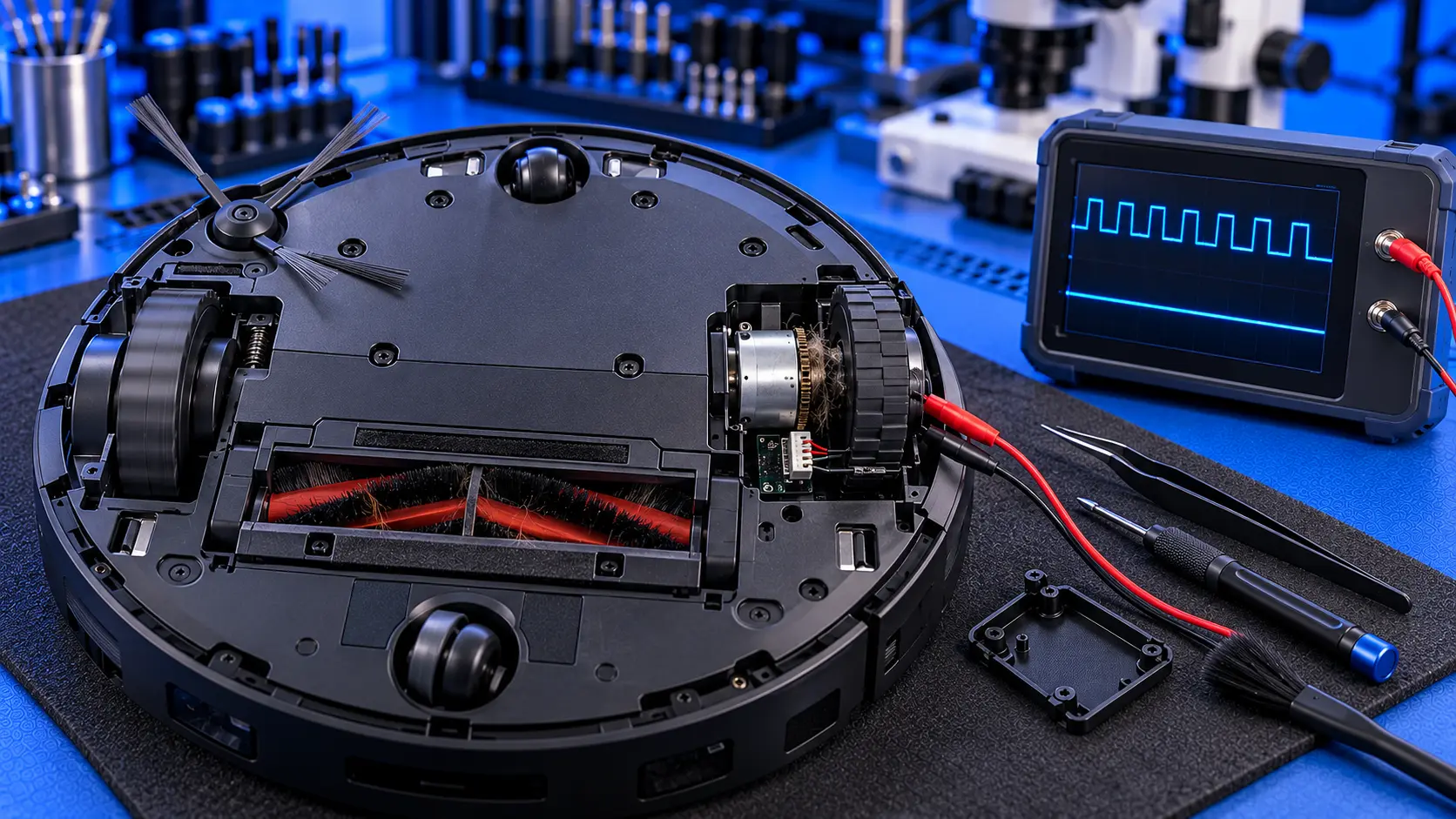 Underside of a Roborock robot vacuum showing the drive wheels