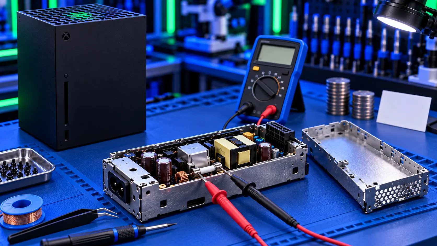 Xbox Series X on a repair bench with its power supply removed
