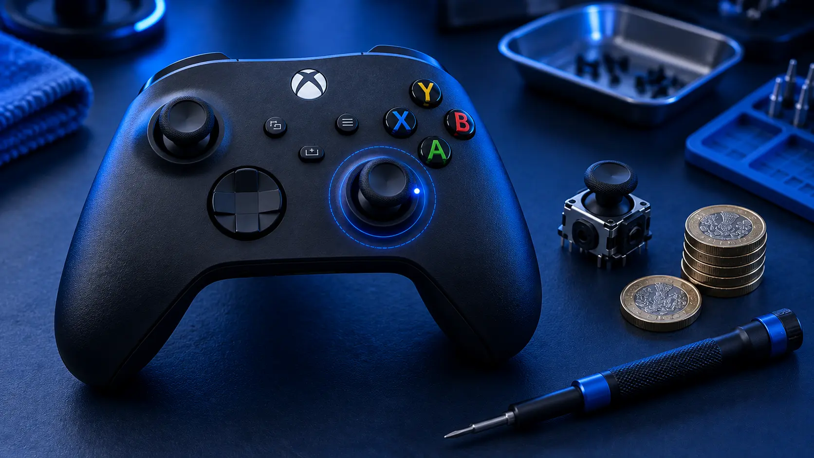 Xbox Series X controller opened on a repair mat with the analogue stick module lifted clear of the board