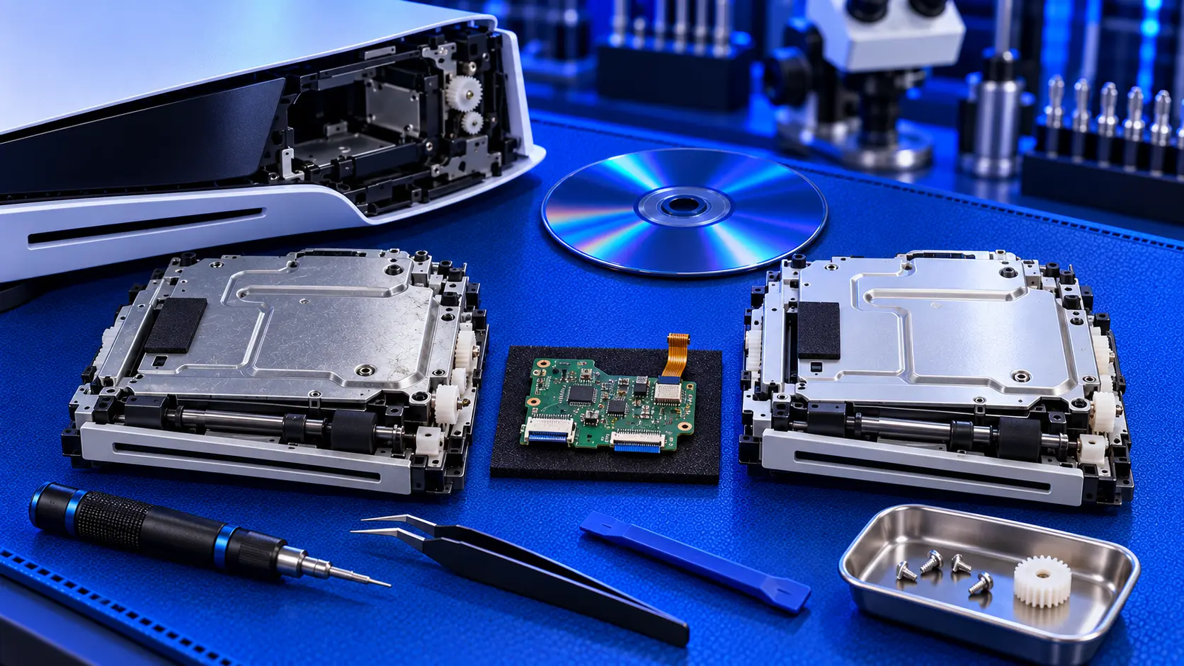 Original PS5 disc drive removed from the console showing its control board