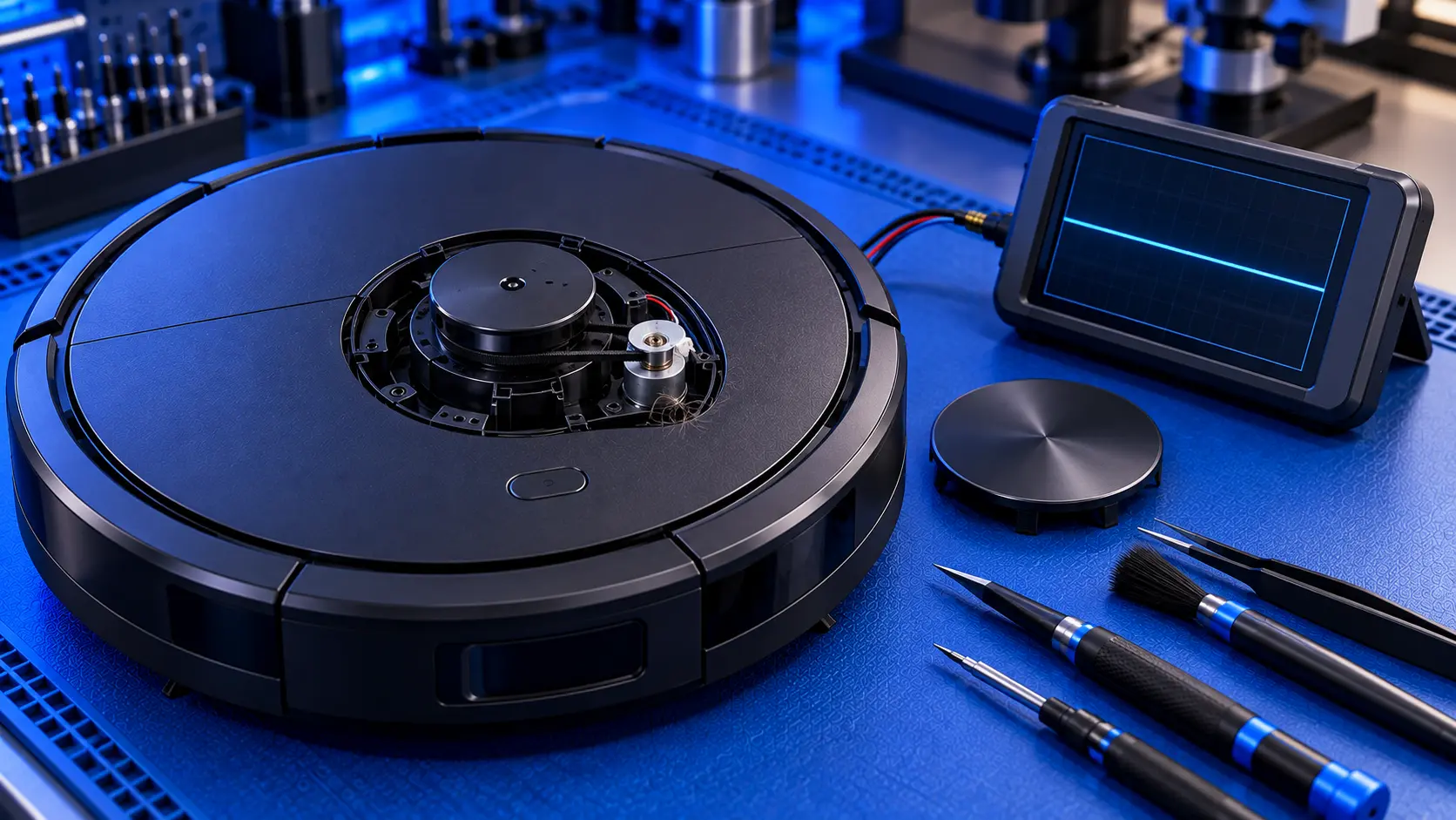 Roborock robot vacuum with its lidar turret cover removed
