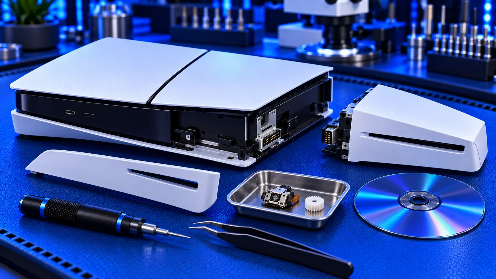 PS5 Slim with its detachable disc drive unclipped from the console