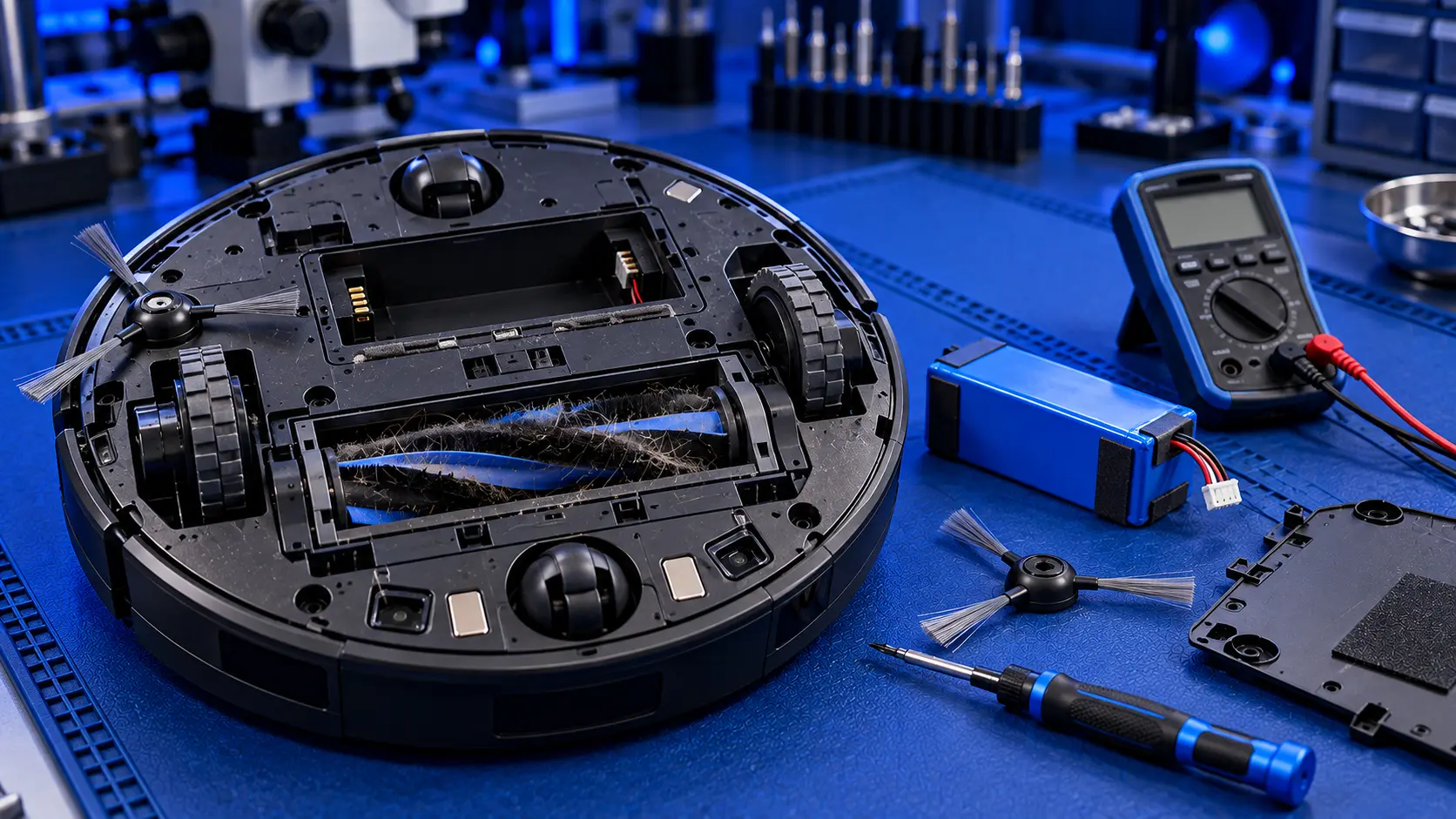 Robot vacuum turned over on a workbench with its cover removed