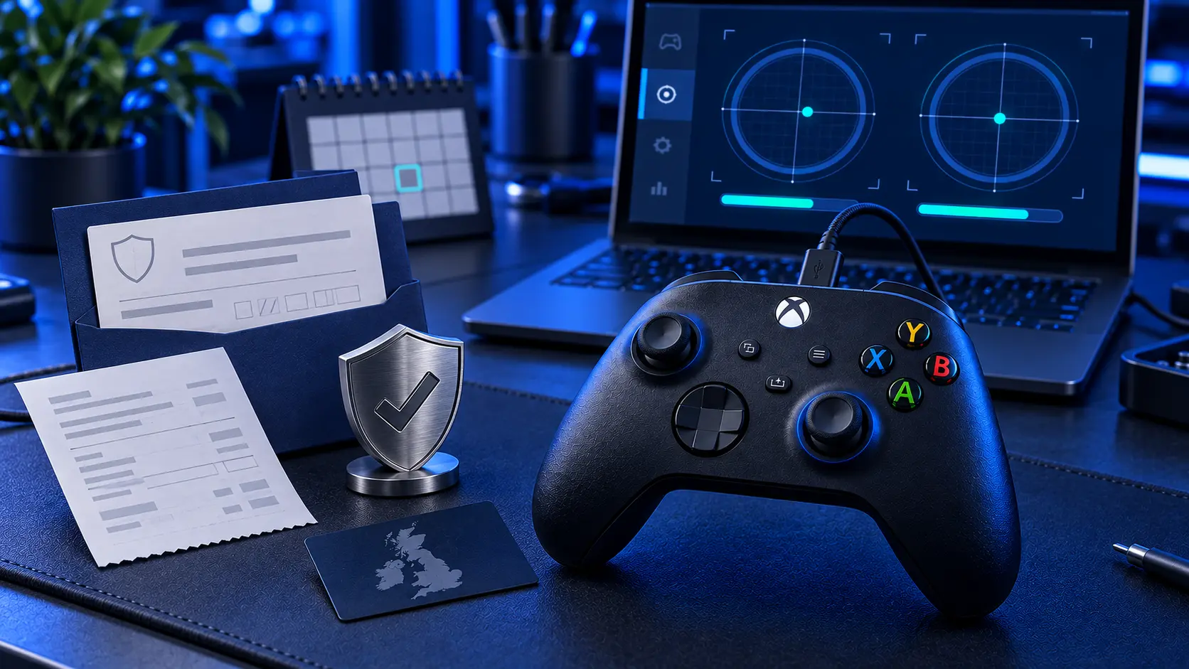 Xbox controller beside a printed receipt and a laptop showing a support page