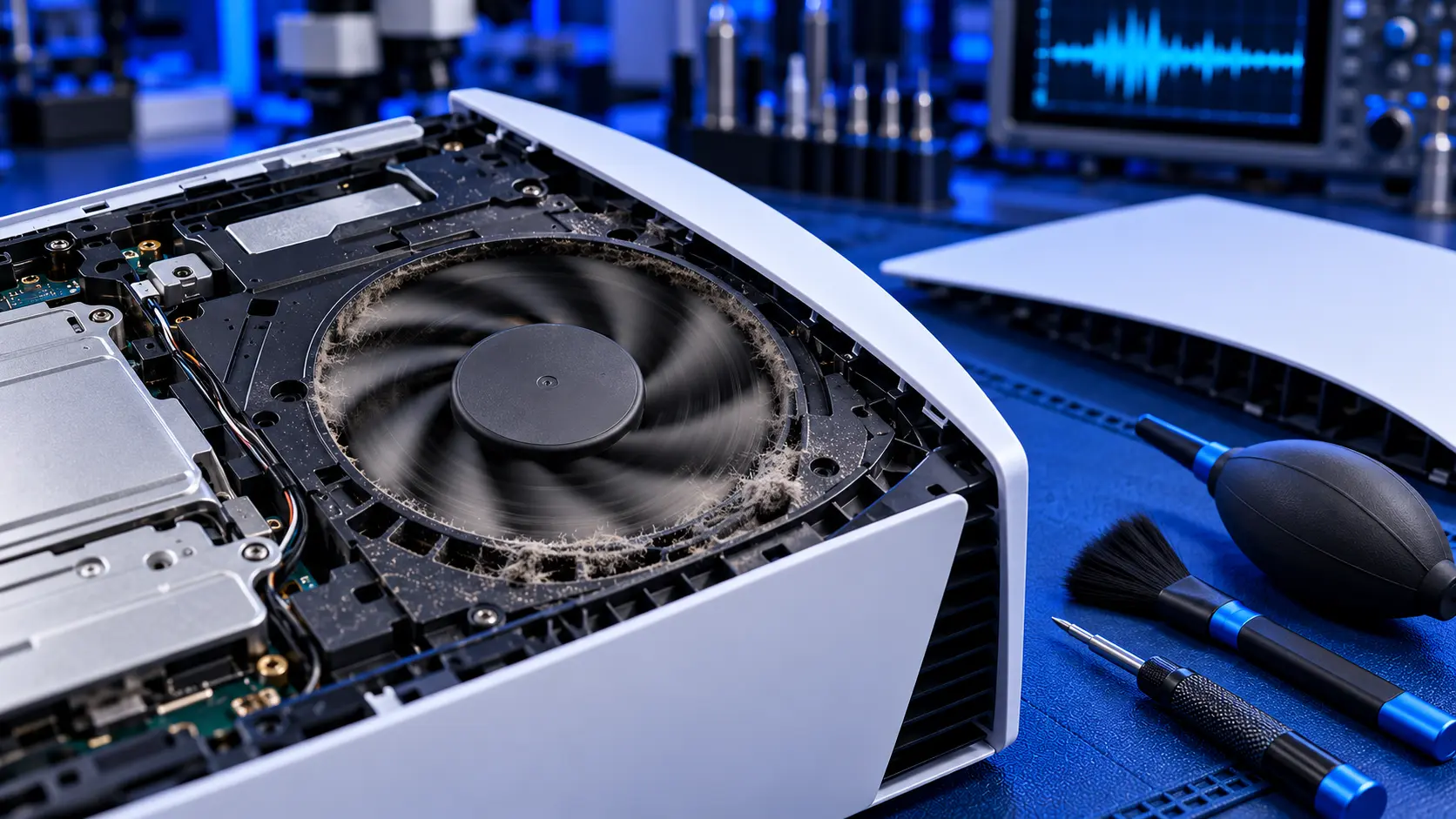 PS5 cooling fan removed from the console showing dust on the blades