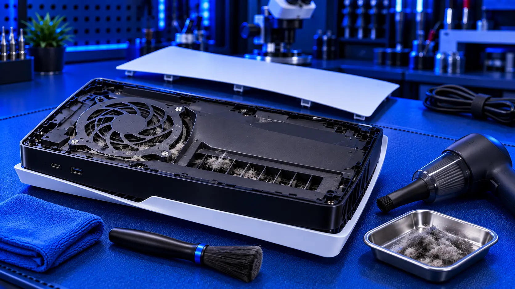PS5 with its side cover removed and a vacuum nozzle at the dust catcher holes