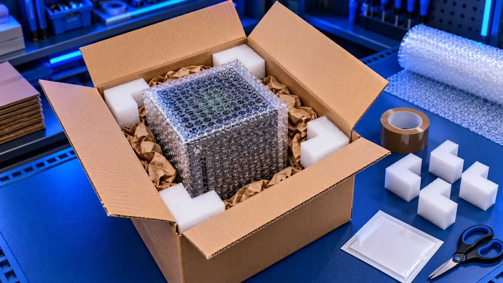 Xbox Series X wrapped and packed in a cardboard box with padding