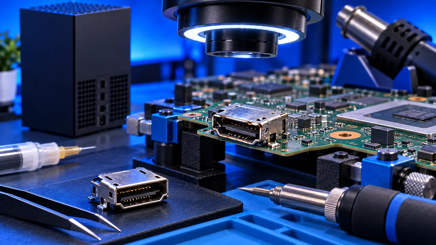 Xbox Series X on a repair bench with its HDMI port area exposed