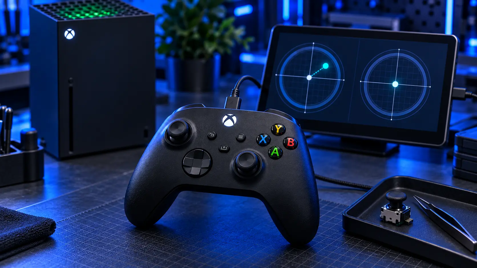 Xbox Series X controller on a repair mat beside a small screwdriver and a replacement stick module