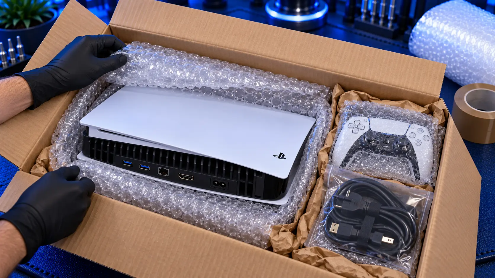 PS5 console being packed into a padded cardboard box for posting