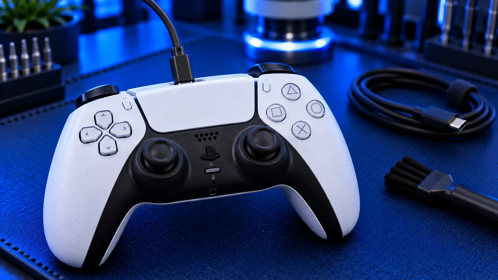 PS5 DualSense controller plugged into a USB-C cable that isn't charging