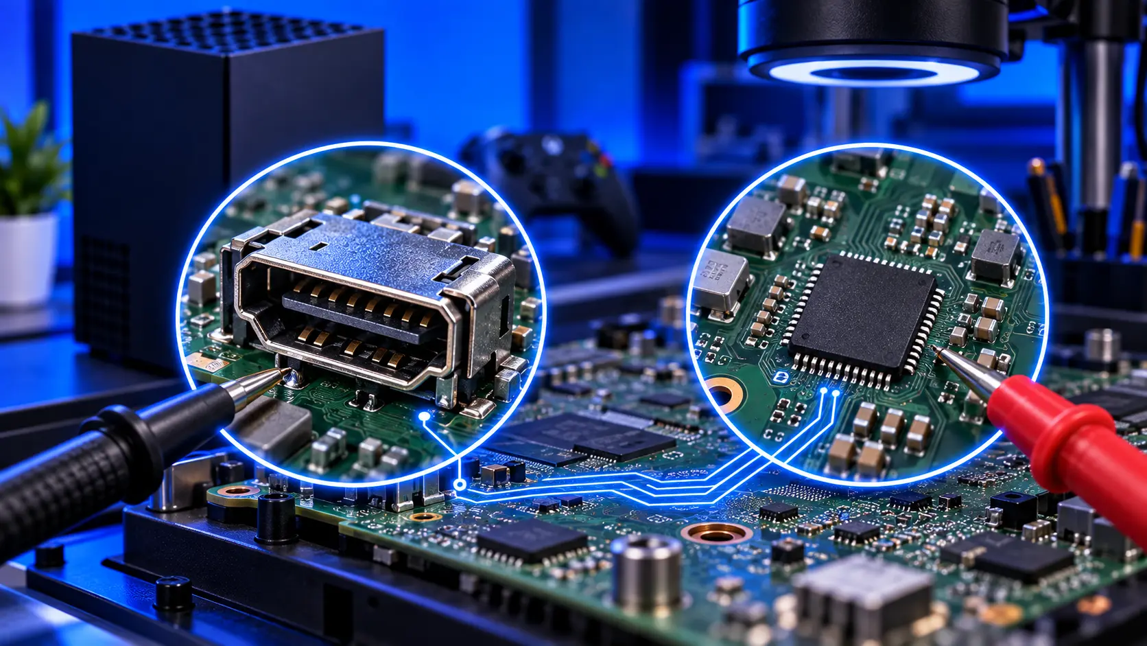 Close-up of an Xbox Series X board showing the HDMI port and the chip behind it