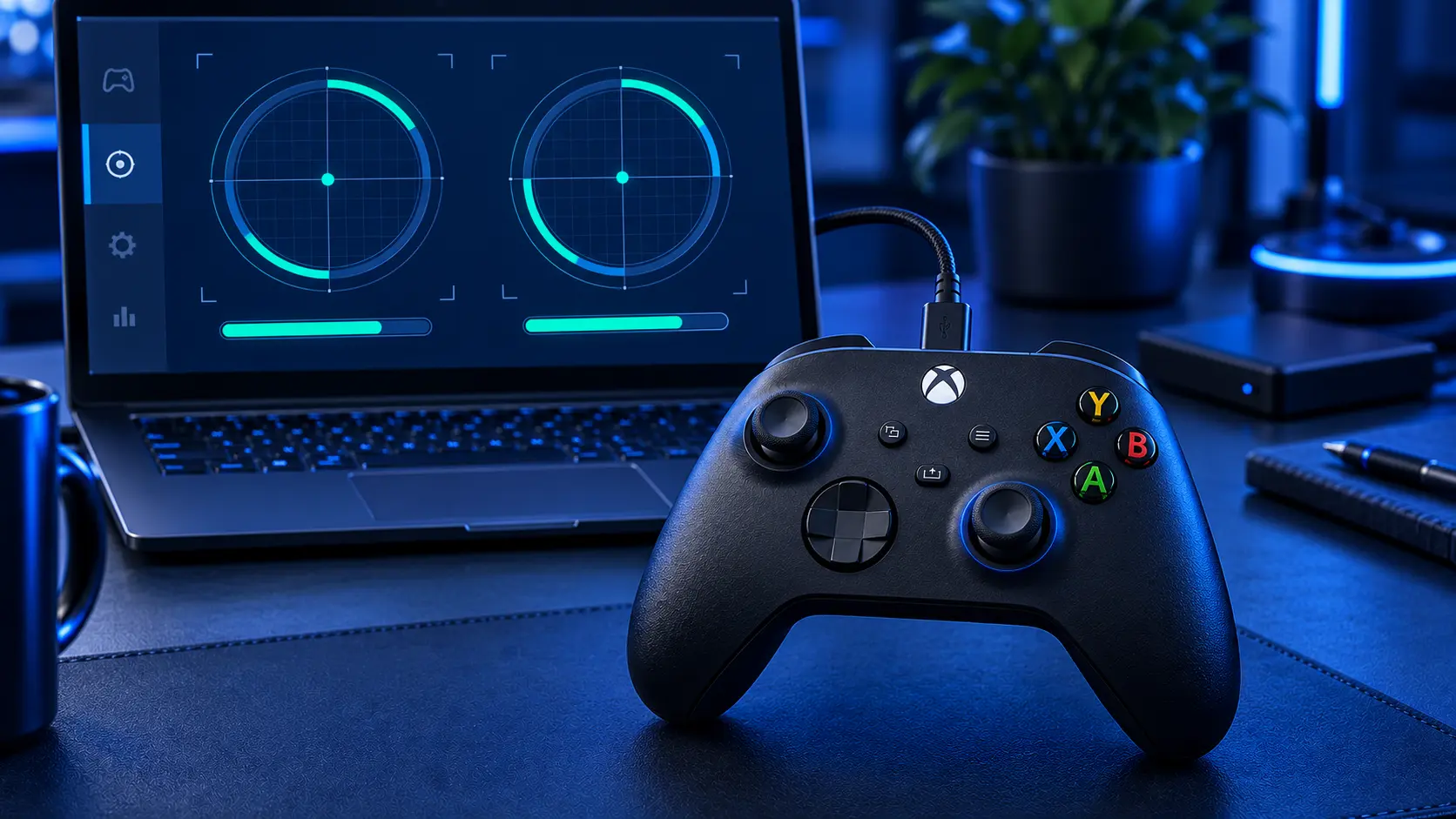 Xbox Series X controller plugged into a laptop by USB-C, with the Xbox Accessories app open on screen