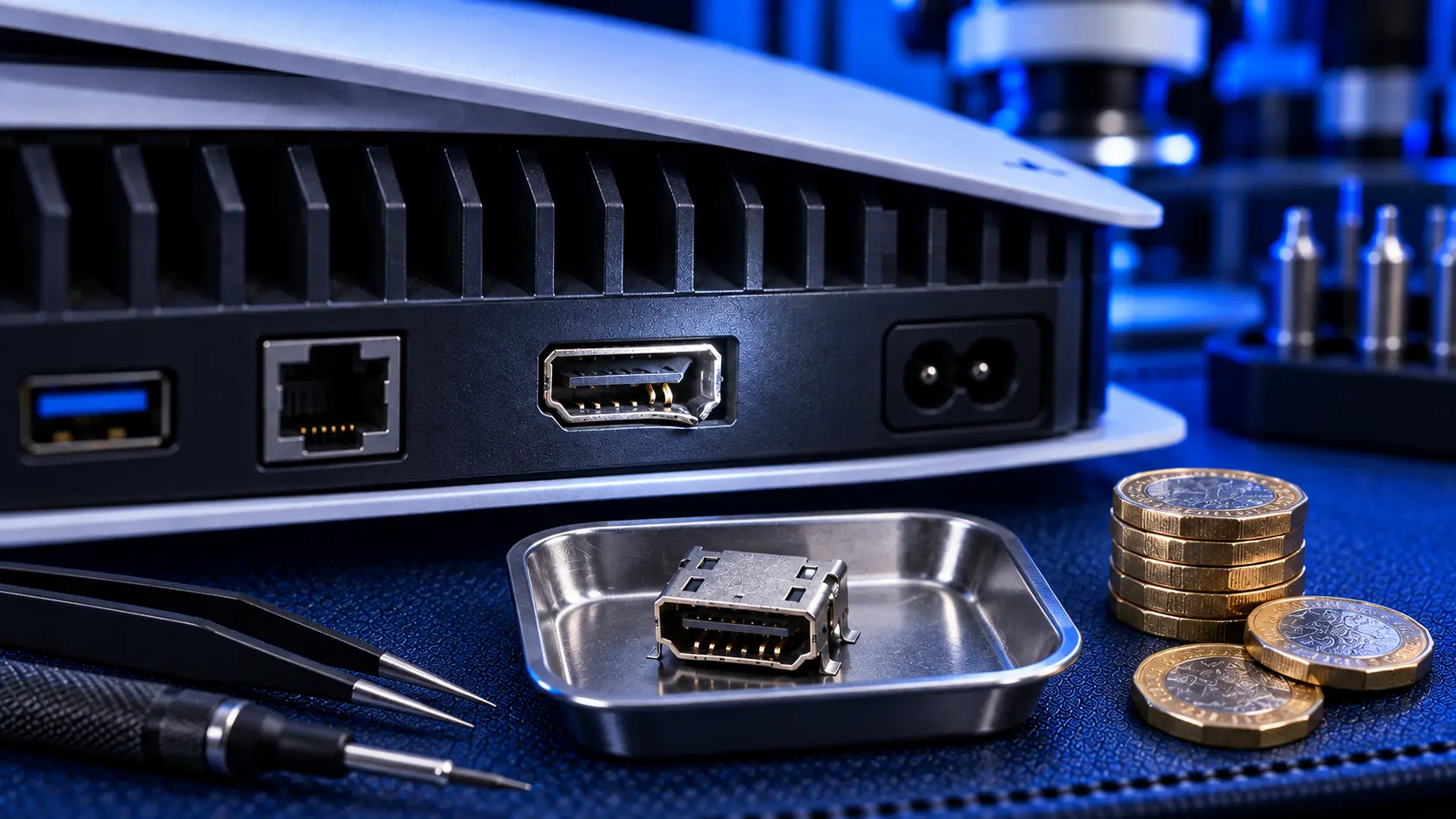 PS5 console on a repair bench with its HDMI port being replaced