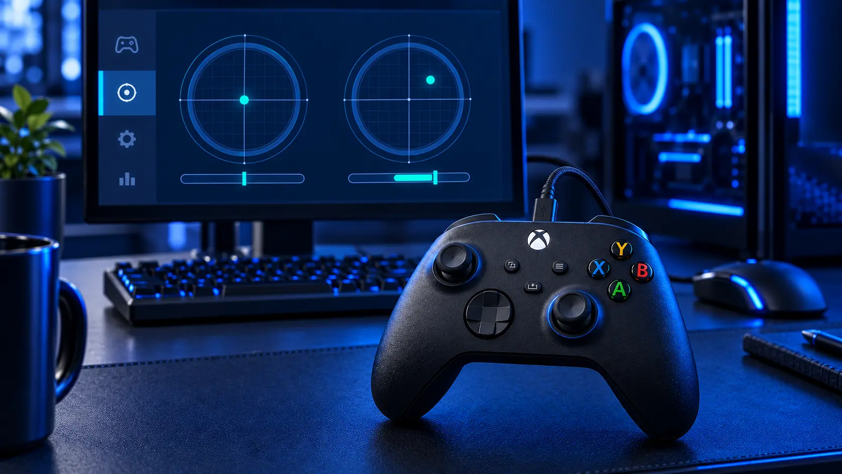 Xbox controller in front of a PC monitor showing a game controller settings window