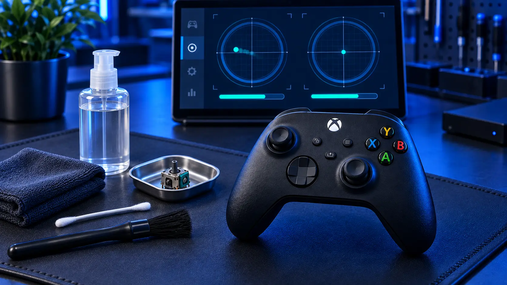 Cotton bud and a can of compressed air beside an Xbox controller with the thumbstick cap removed