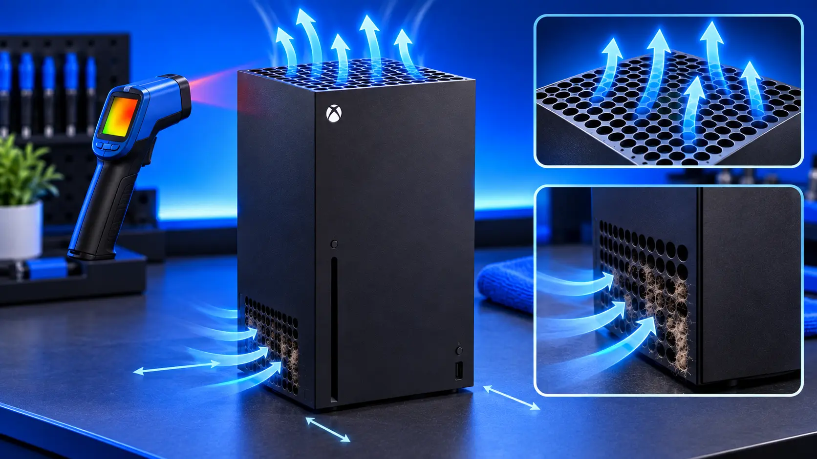 Xbox Series X standing upright on a TV unit