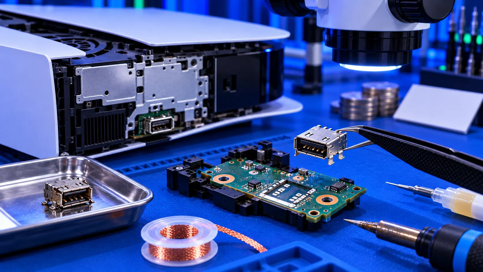 PS5 rear USB ports on a repair bench