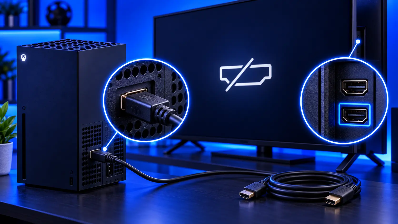 Xbox Series X switched on next to a TV showing no signal