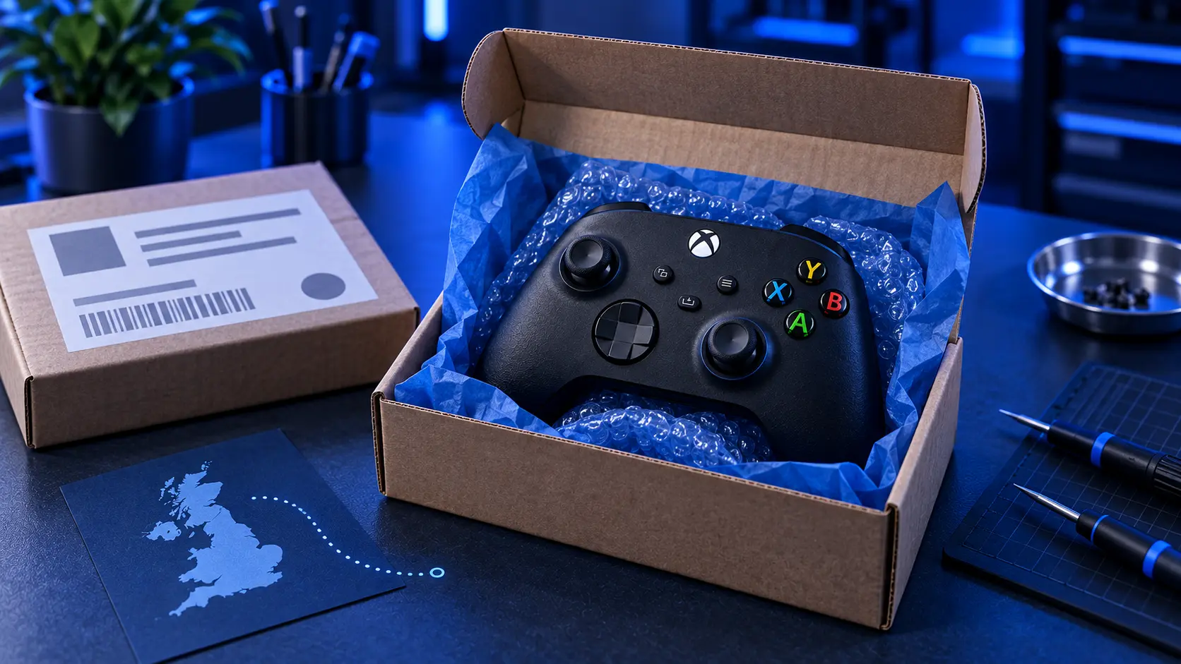 Xbox controller in a padded envelope beside a printed postage label