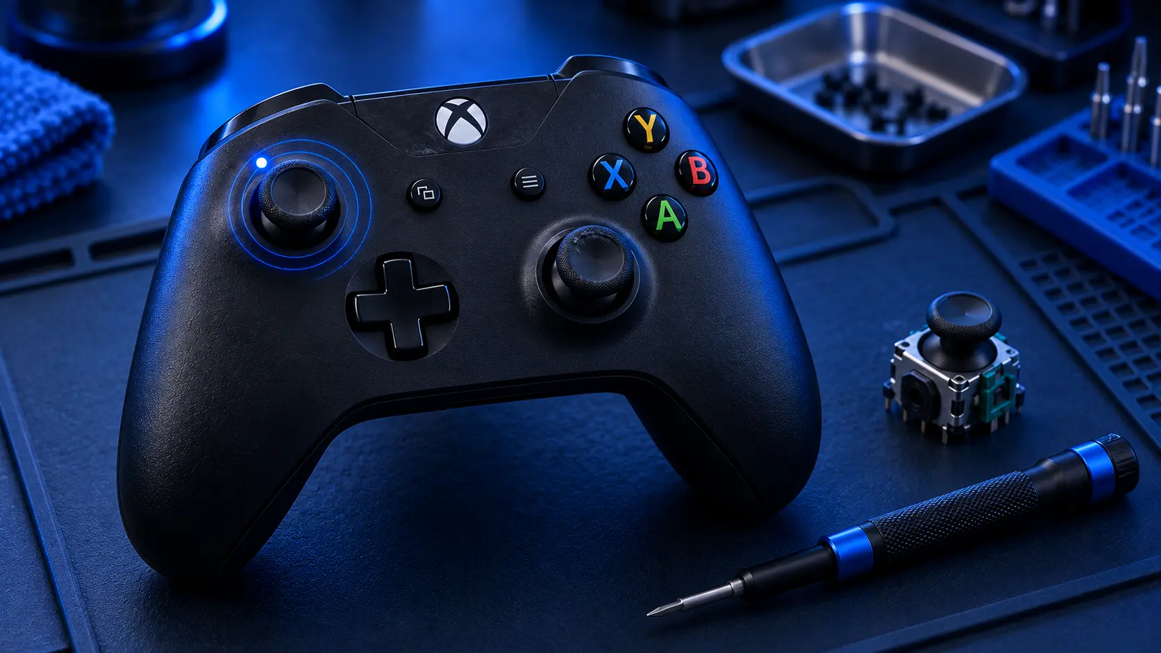 Xbox One controller with the battery cover removed, showing the model number label inside the compartment