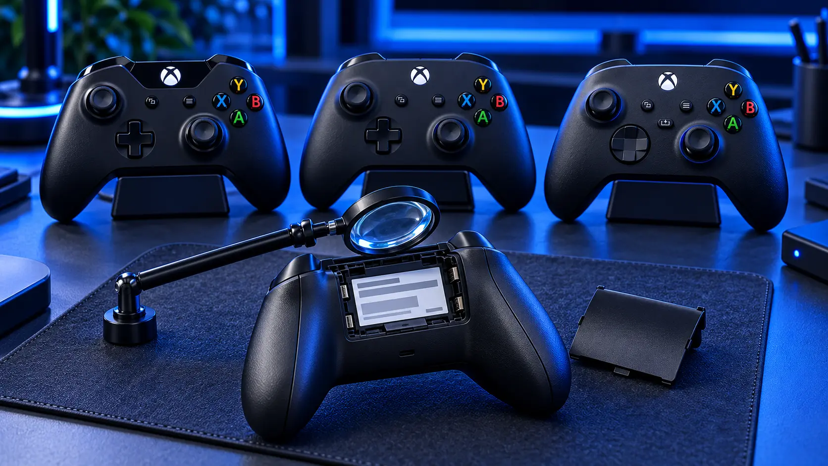 Xbox controller battery compartment open, with the model number label visible below the barcode