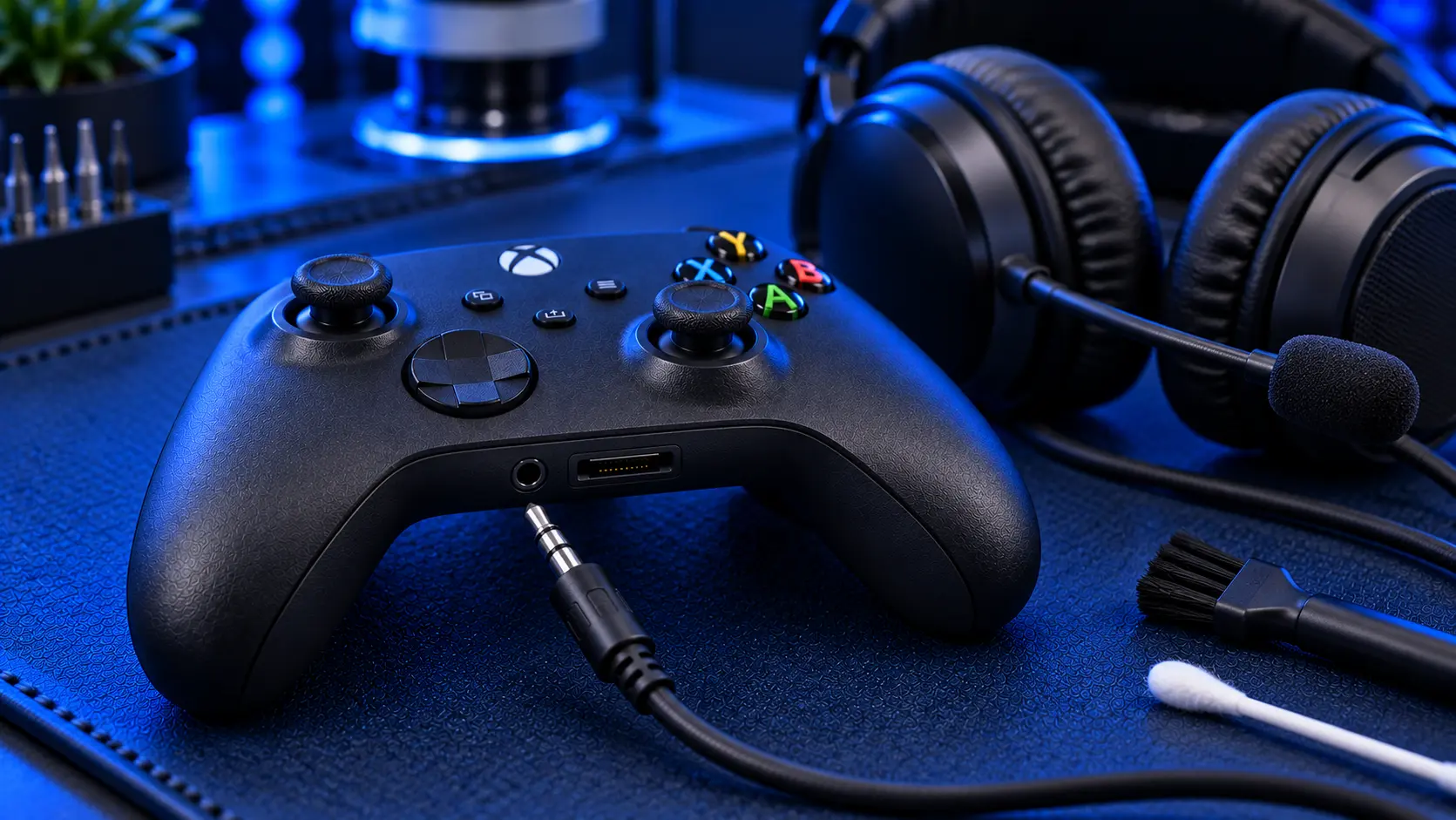 Wired headset plugged into the 3.5mm headphone jack of an Xbox controller