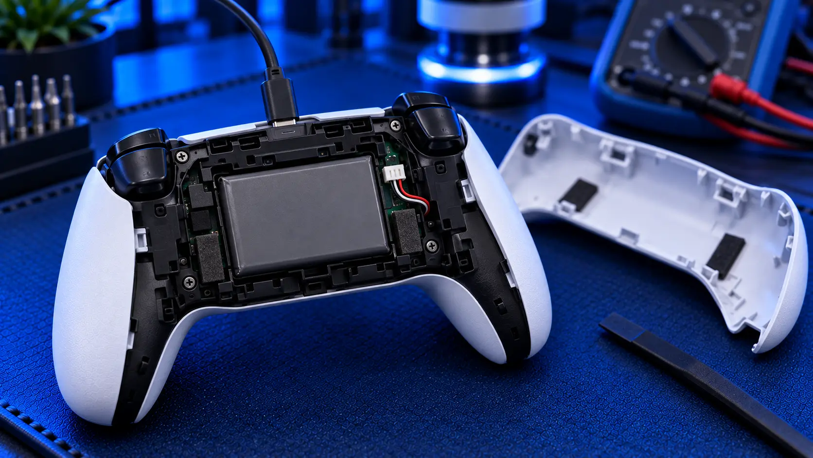 PS5 DualSense controller showing a low battery warning on screen