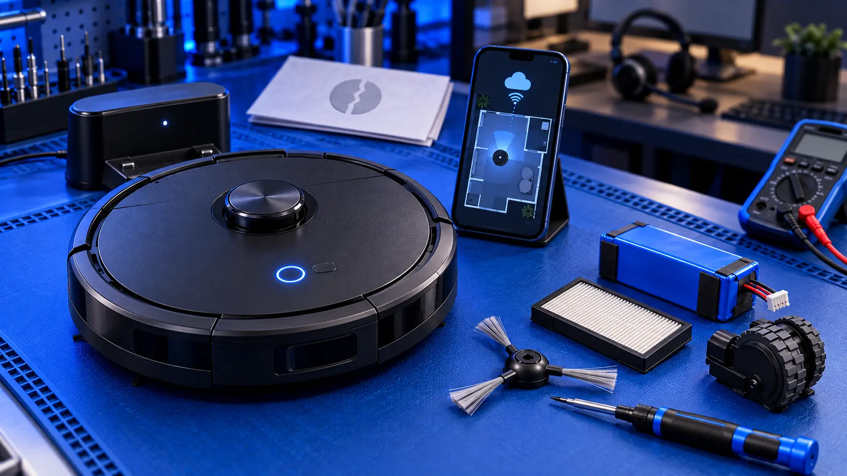 Roomba robot vacuum on a living room floor