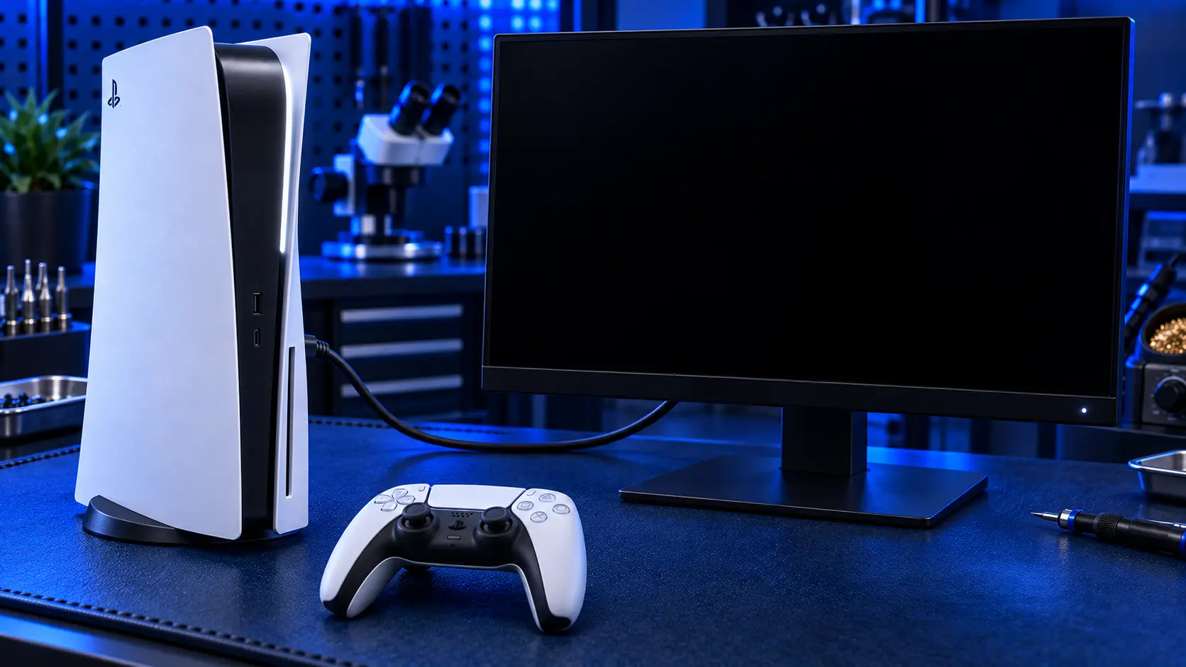 PS5 console with its light on next to a TV showing a black screen