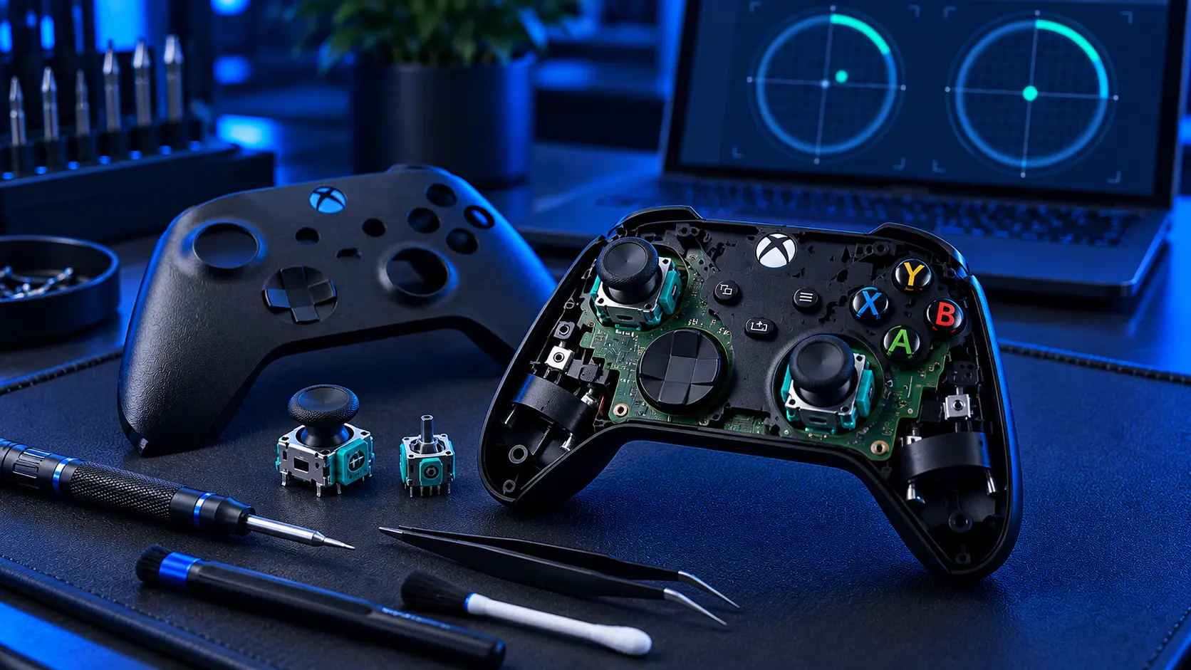 Xbox controller connected by USB cable to a laptop running the Xbox Accessories app