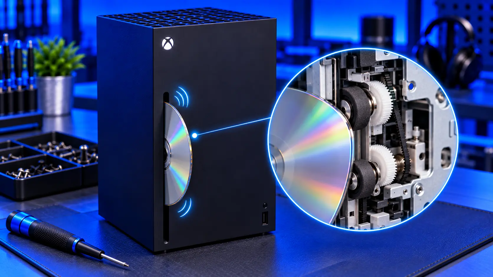 Close-up of the disc slot on an Xbox Series X