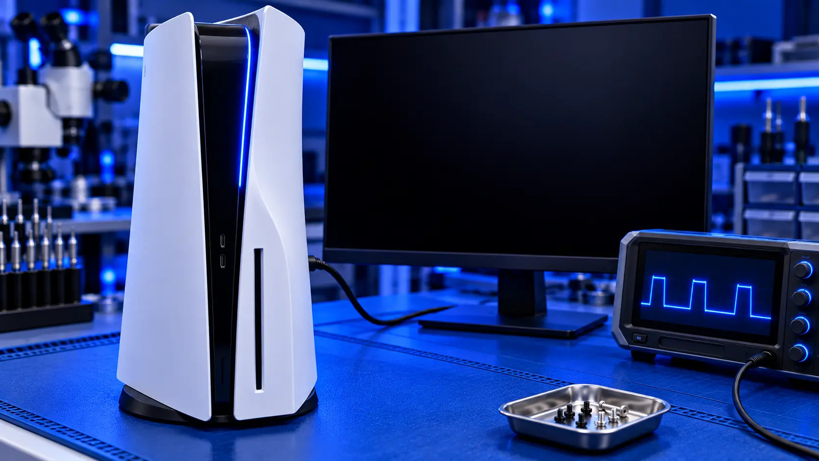 PS5 console with a pulsing blue power light and a blank TV screen