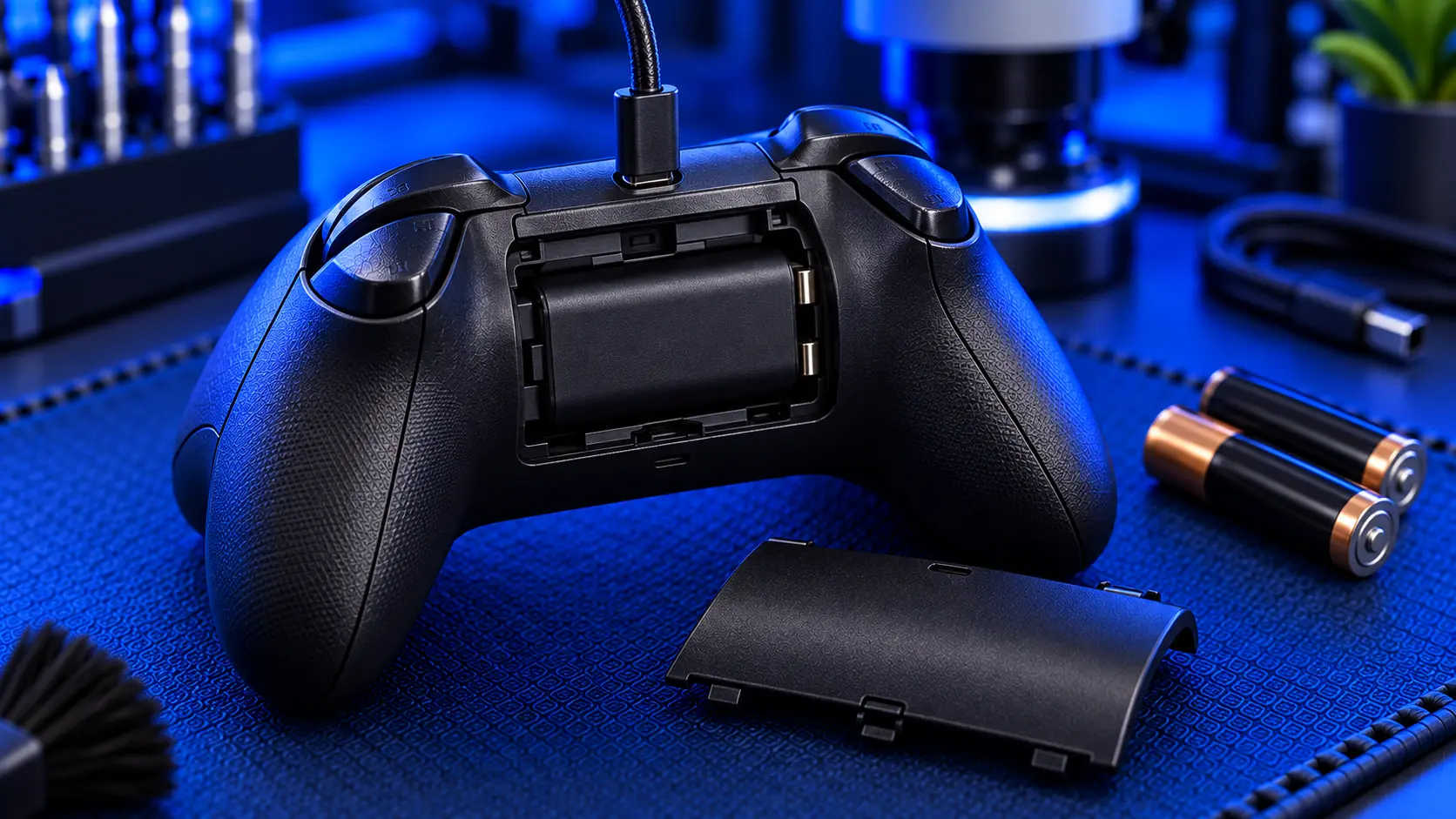 Xbox Series controller with the battery cover removed showing a rechargeable battery pack