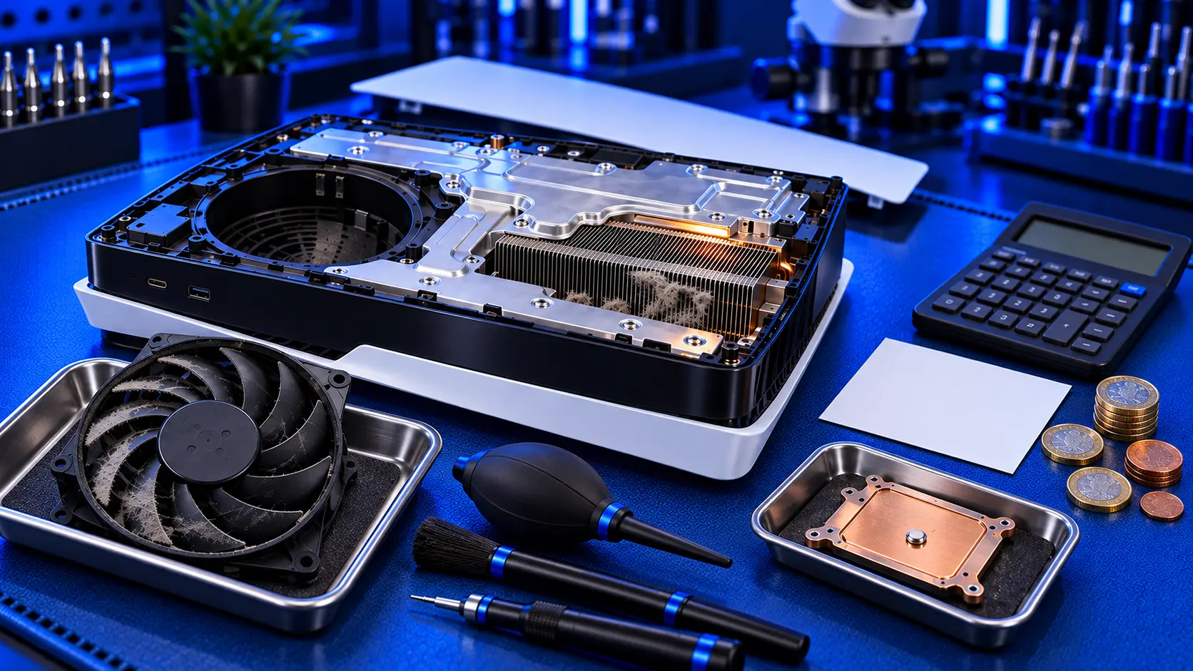 PS5 on a repair bench with the fan and heatsink removed for cleaning