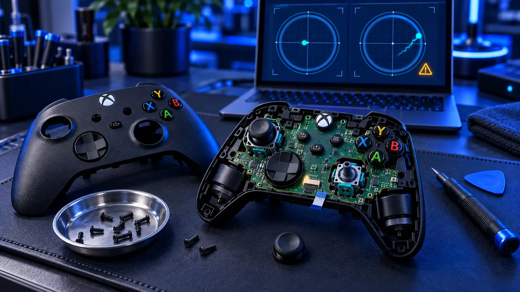 Disassembled Xbox controller with shell halves, screws and a small rumble motor laid out on a repair mat