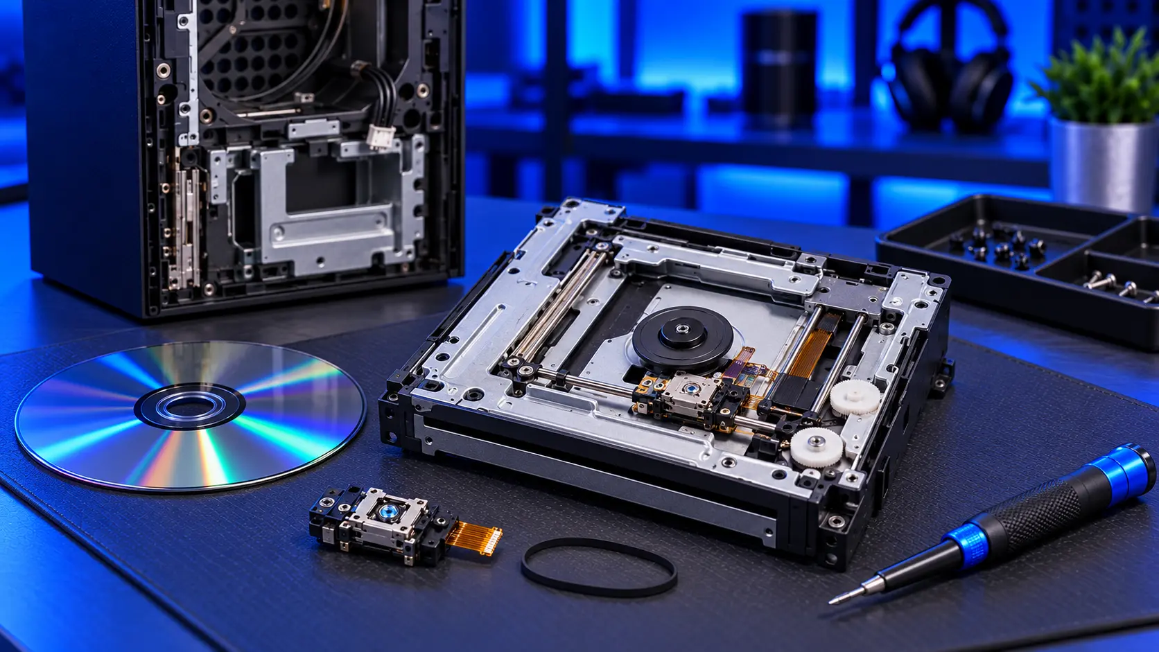 Xbox Series X on a repair bench with its disc drive opened