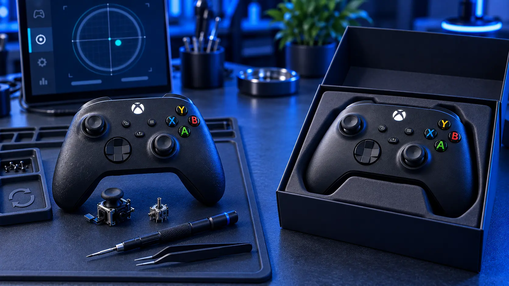 A new boxed Xbox controller beside an older opened one on a repair bench