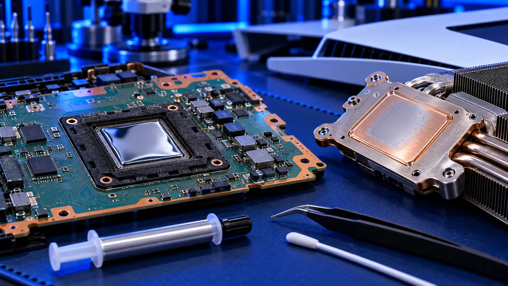 PS5 processor with its liquid metal and foam seal visible after the heatsink has been removed