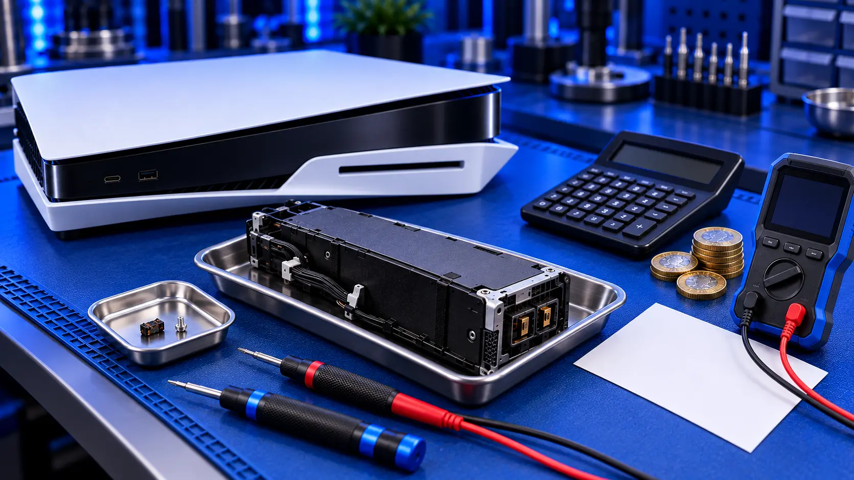 PS5 on a repair bench with its power supply removed