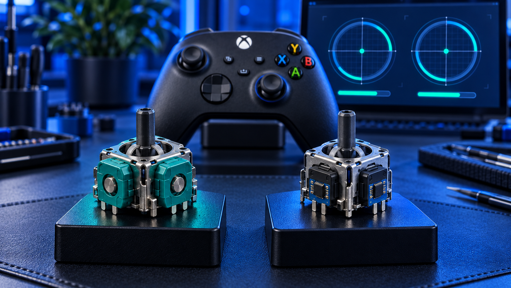Two replacement analogue stick modules beside an opened Xbox controller on a repair mat