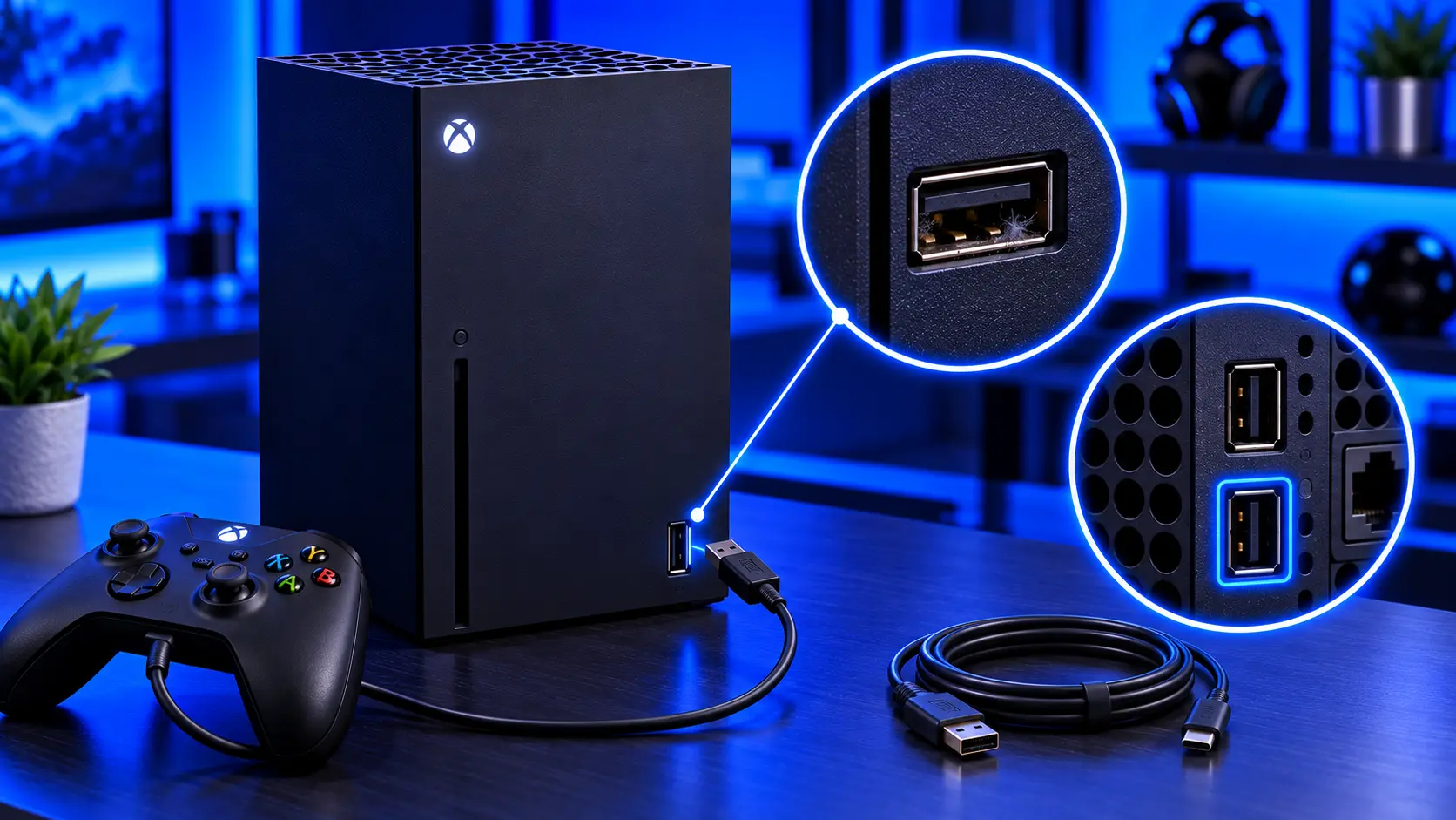 Controller charging cable plugged into the front USB port of an Xbox Series X