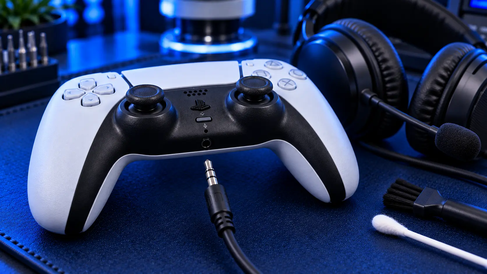 Wired headphones plugged into the headphone jack of a PS5 DualSense controller