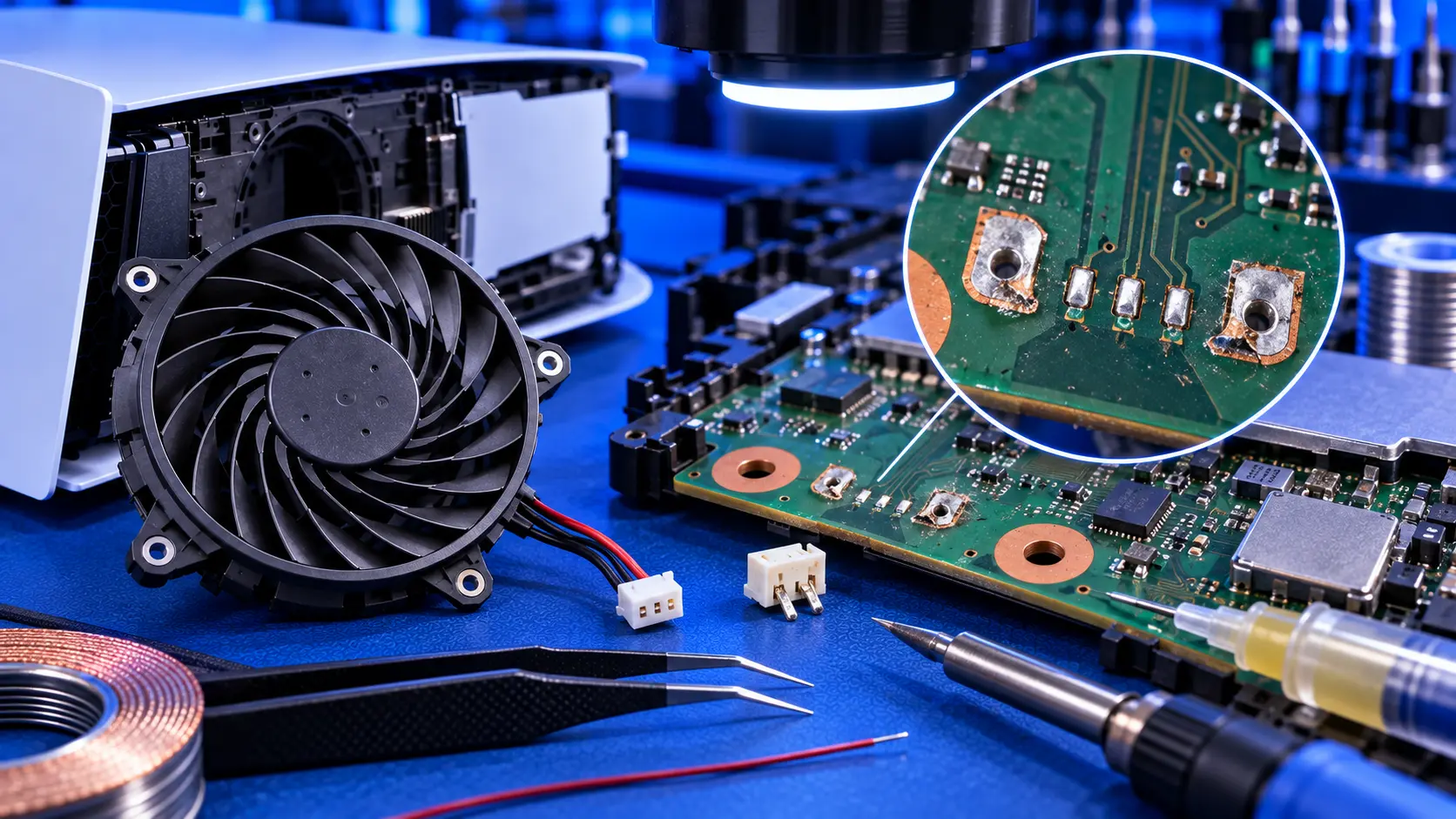 PS5 board with the fan connector missing from its pads