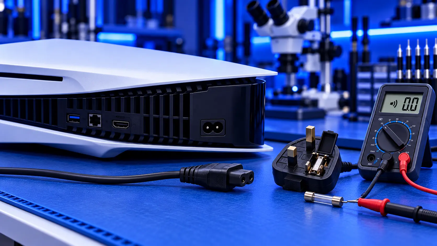 PS5 console with its power light off next to a TV