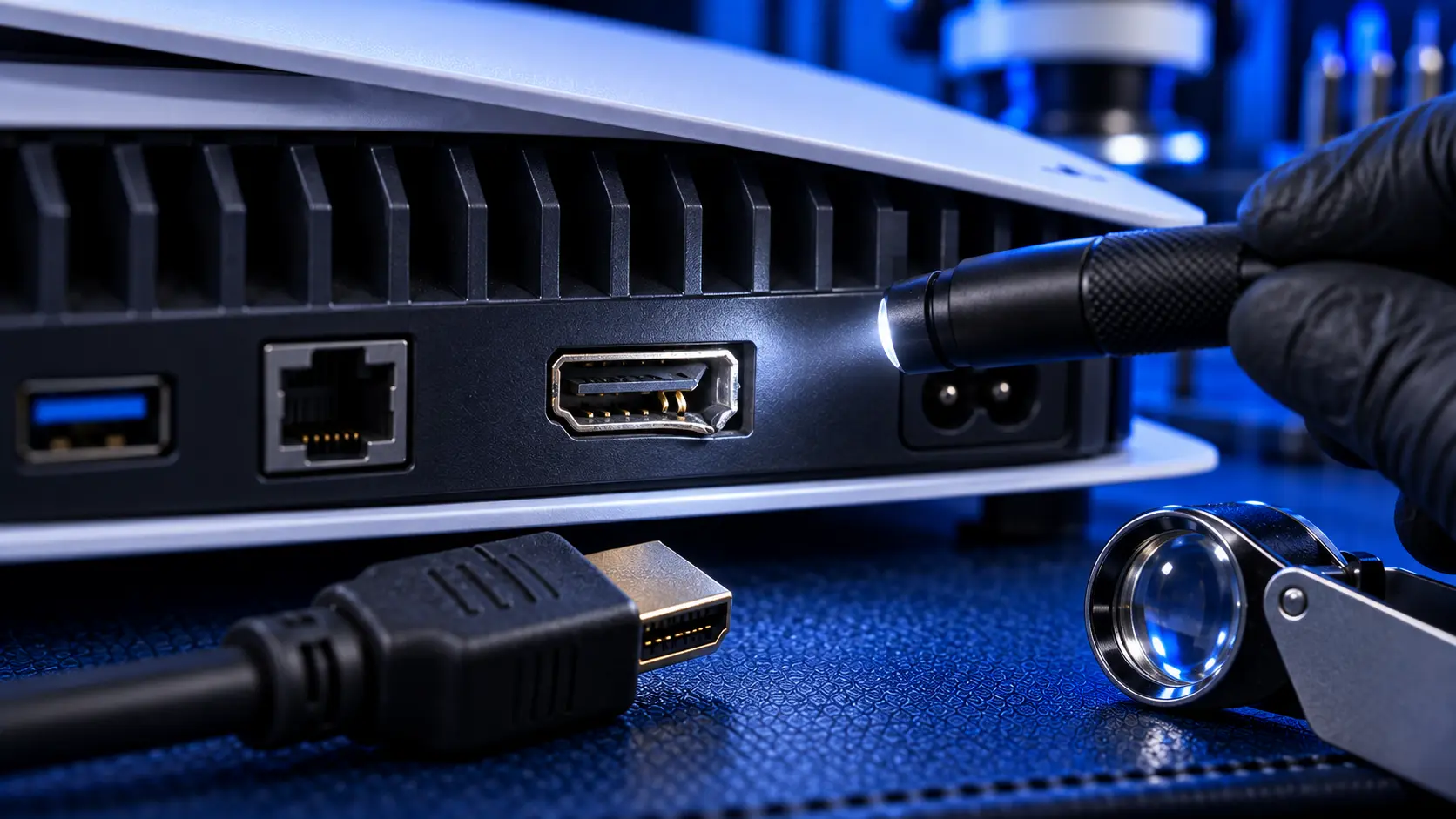 Torch shining into the HDMI port on the back of a PS5 to check for bent pins